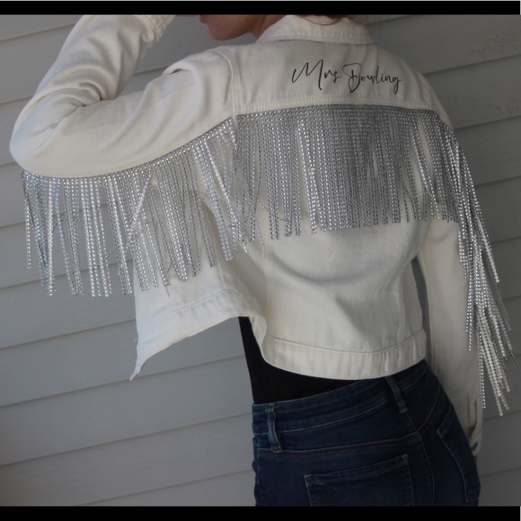 Handmade to order! Bridal denim jean jacket with rhinestone fringe - Picture 5 of 8